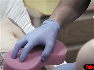 doc gives patient a sponge bath and vaginal probe